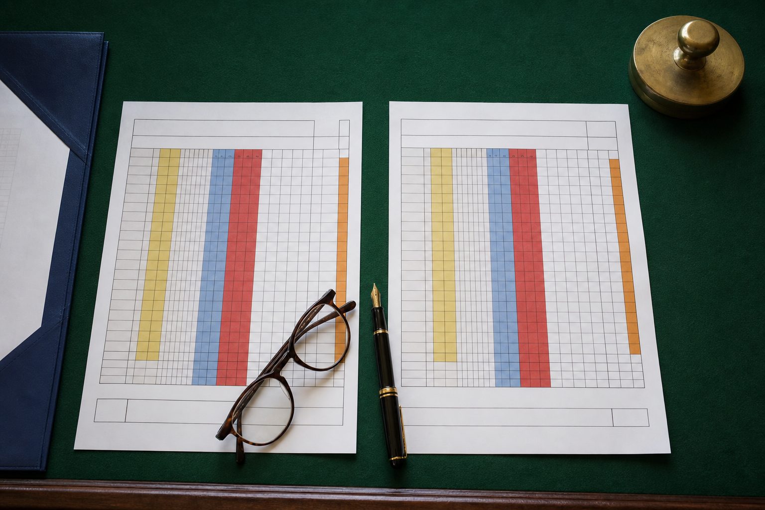 Two league handicap sheets laid side by side on a green baize table in a municipal clubhouse office
