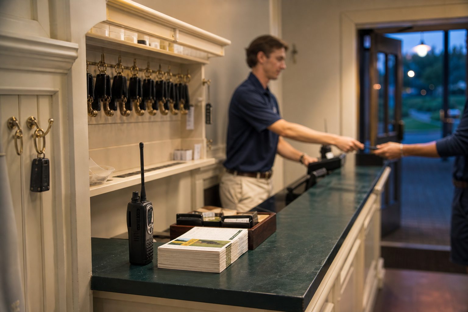 A municipal pro shop counter during league check in with cart keys, a radio and stacked scorecards