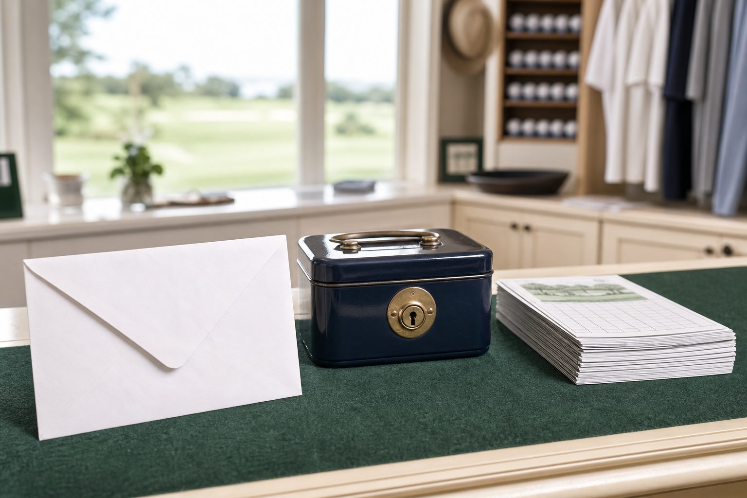 A pro shop credit envelope and locked cash tin on a clubhouse counter beside a stack of scorecards