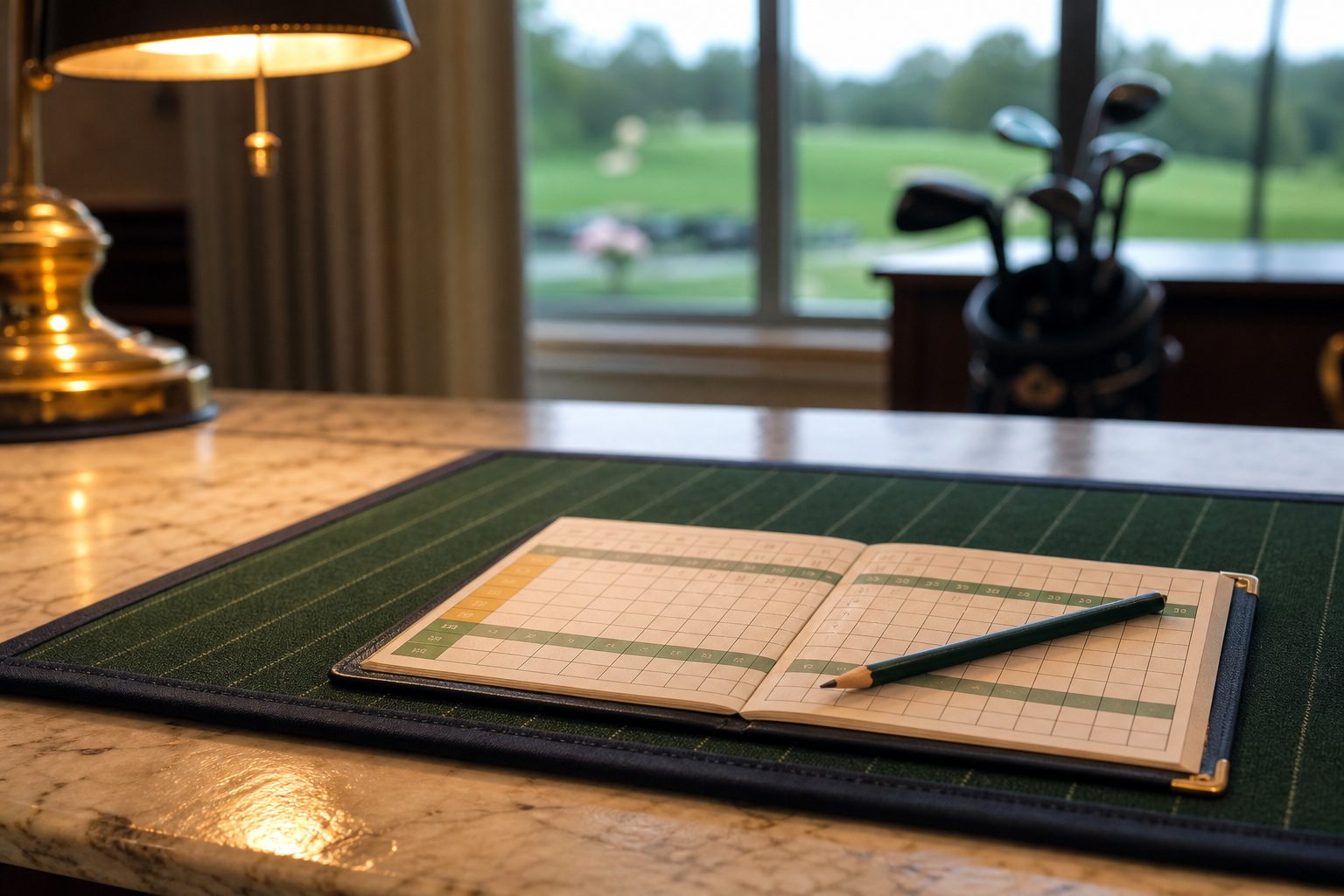 A nine hole league scorecard and sharpened pencil on a cream clubhouse counter under brass lamplight