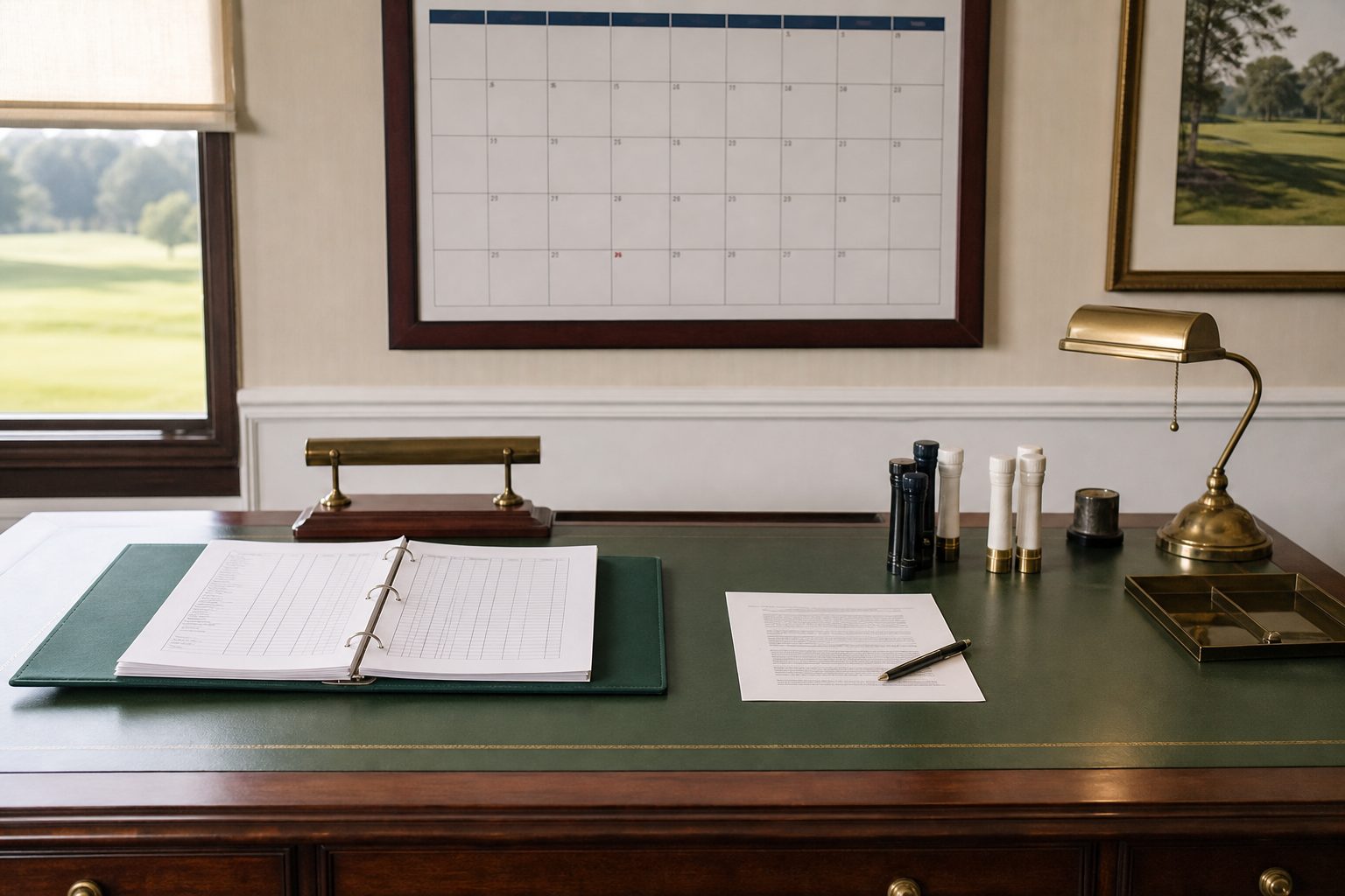 A clubhouse desk set for preseason with a roster binder, printed rules sheet and spare tee markers