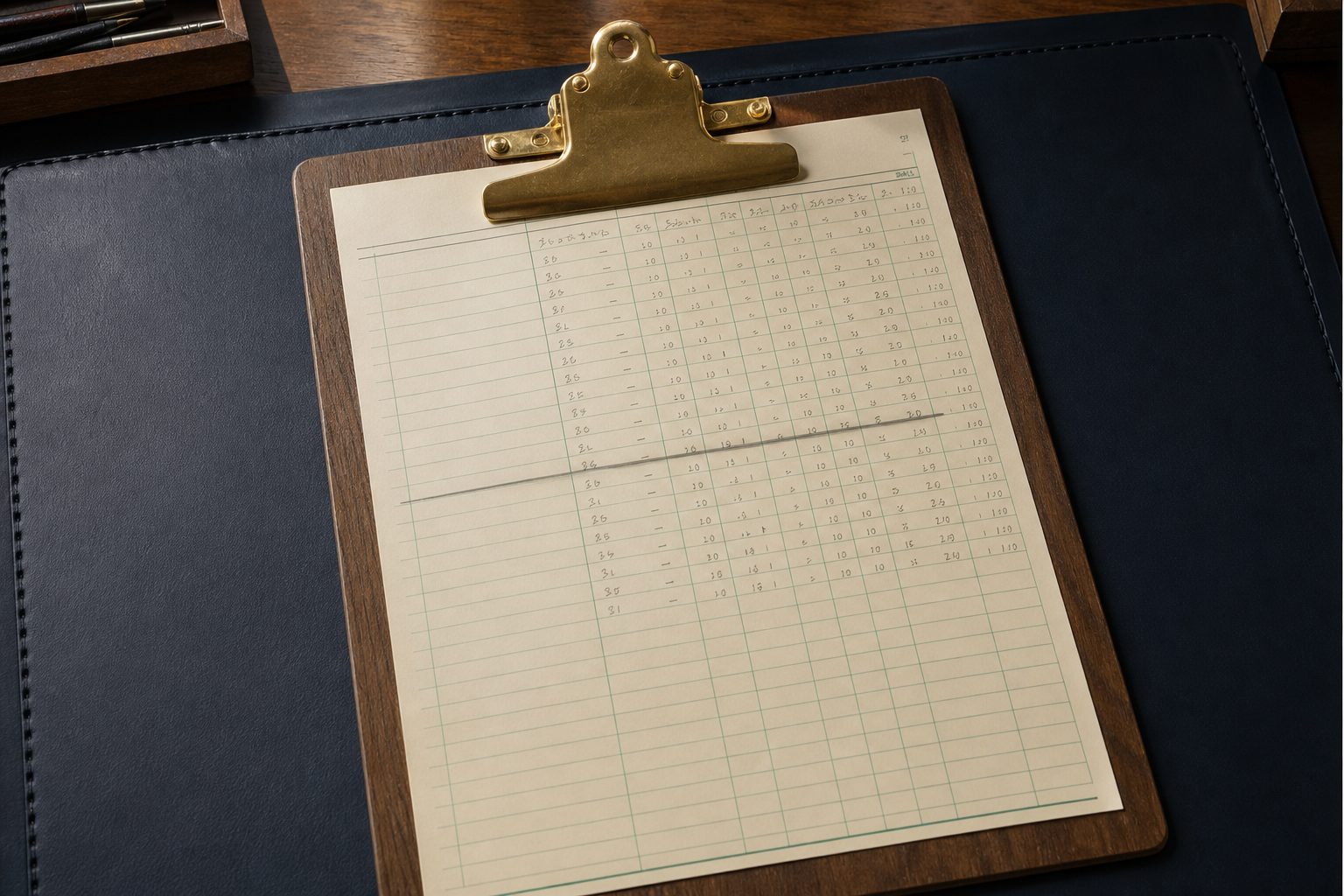 A league standings sheet on a clipboard with one line struck through, cream paper on a navy blotter