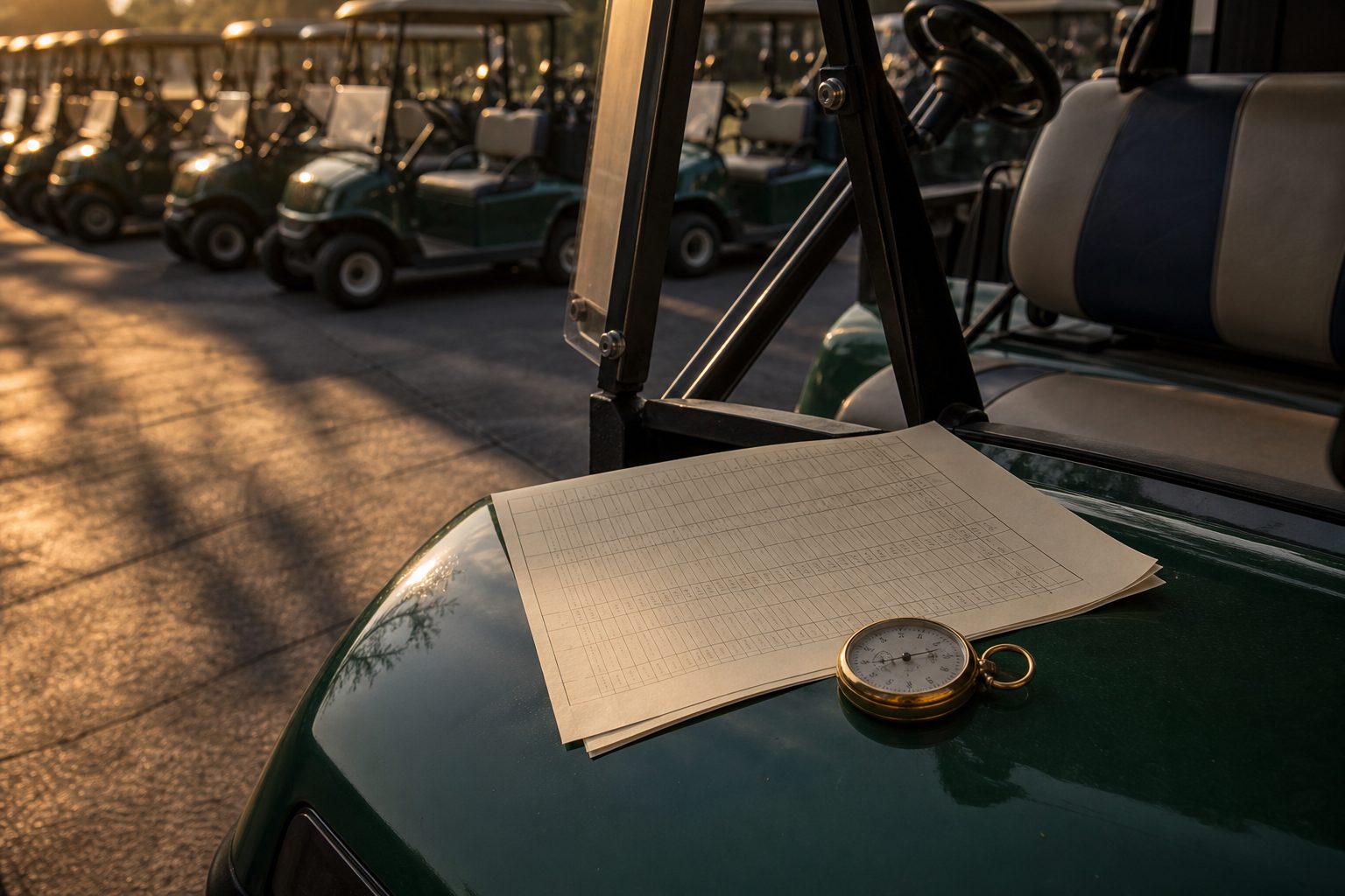 A starter's printed tee sheet and stopwatch resting on a cart hood in low golden light before dusk