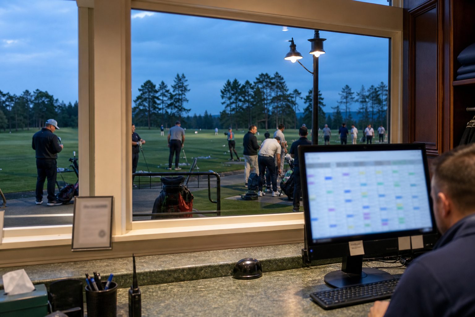 A crowded evening tee sheet on a pro shop monitor beside a window looking out on a busy driving range