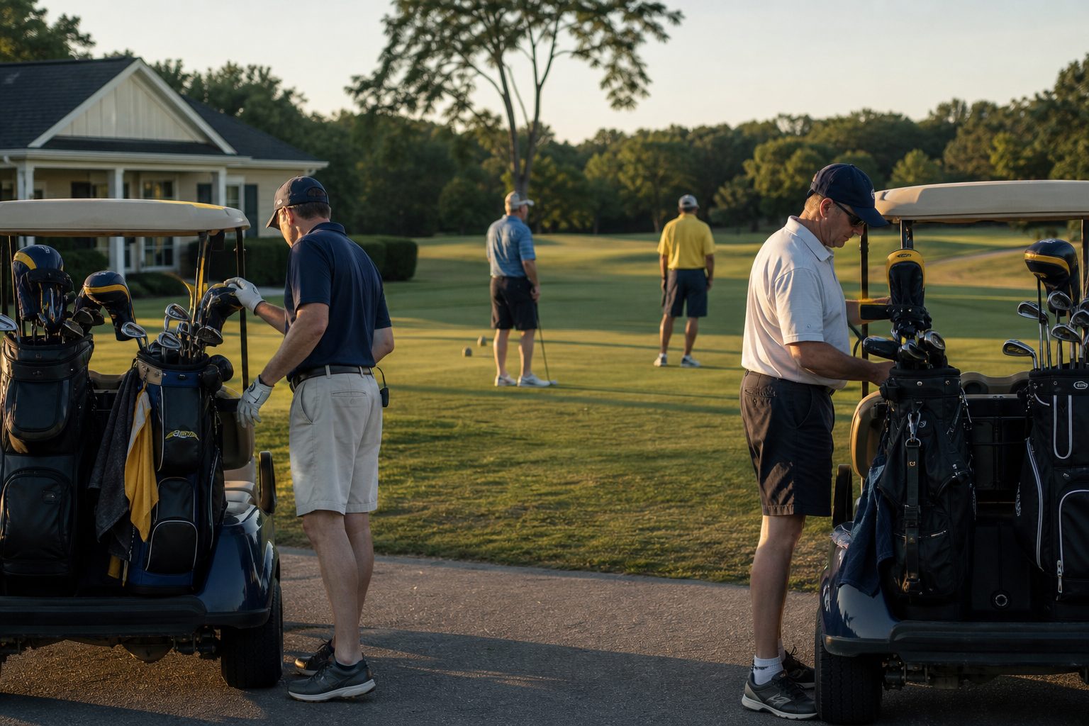 Evening foursomes gathering near the first tee of a municipal course before a Thursday league round