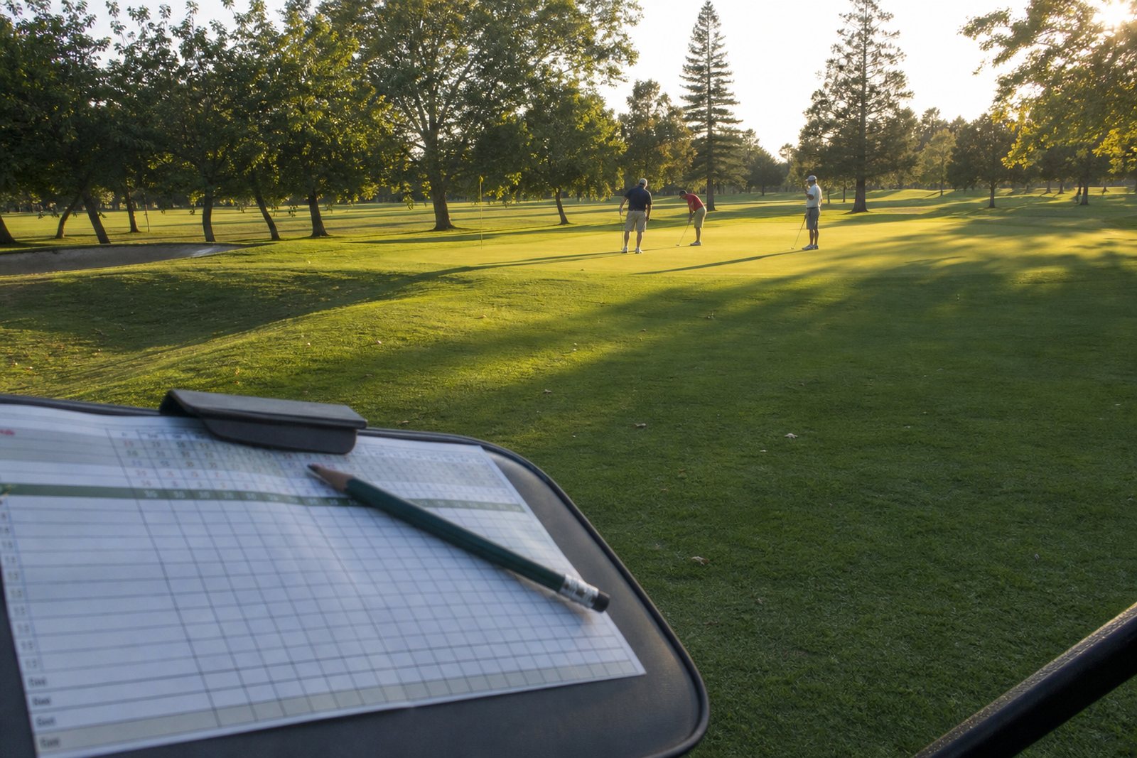 Golfers finishing a hole on a municipal course green in late afternoon light with a scorecard and pencil on a cart