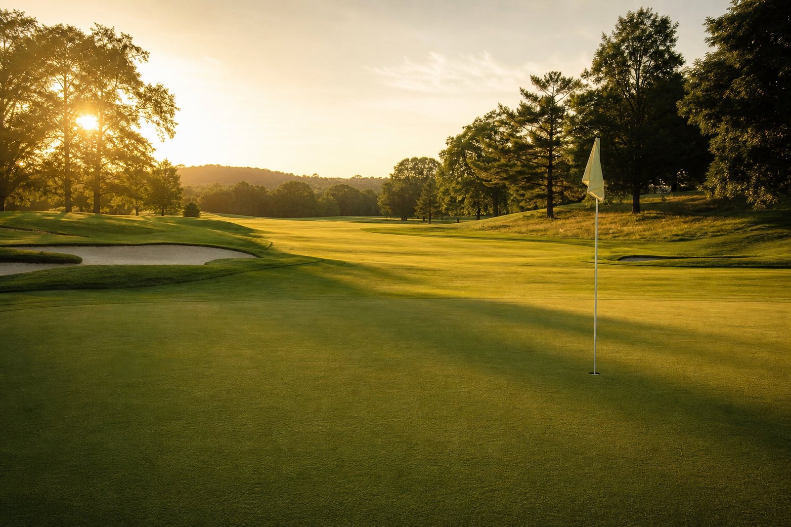 Golf course fairway and green at golden hour with a flagstick and long shadows across the turf